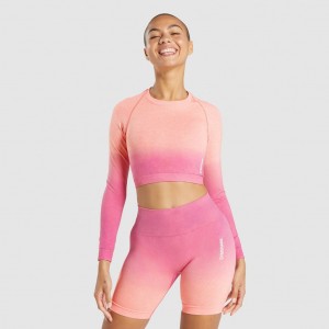 μπλουζακια Gymshark Adapt Ombre Seamless Long Sleeve Crop πορτοκαλι ροζ | 789JTYEGO