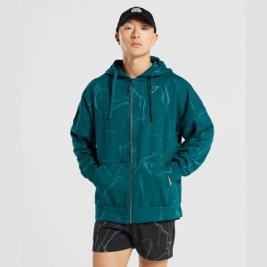 Φουτερ με Κουκουλα Gymshark Power Zip Up Teal Print | 062OKSXAQ