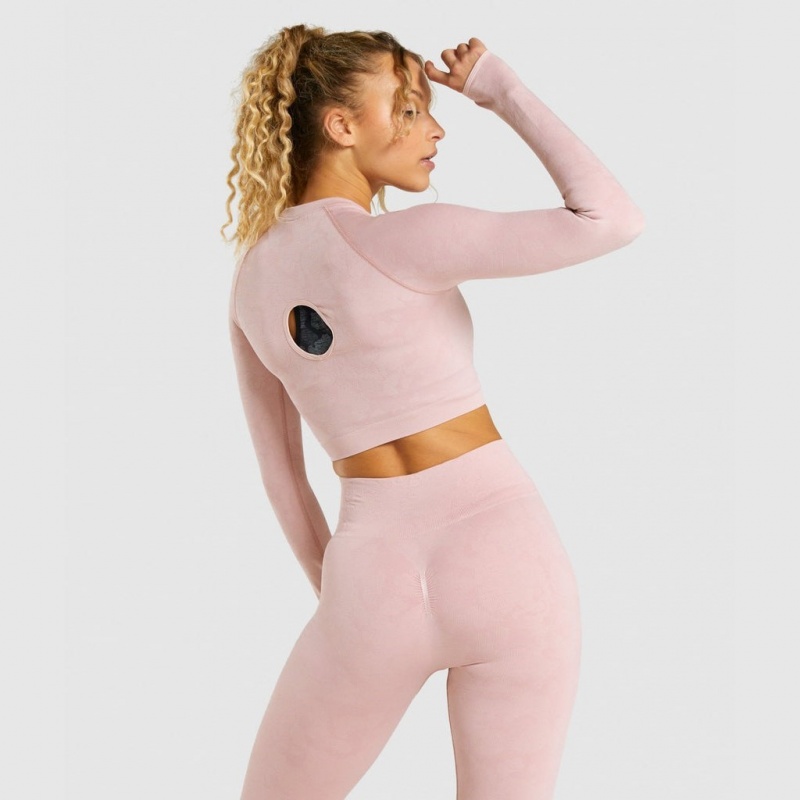 μπλουζακια Gymshark Adapt Camo Seamless Long Sleeve Crop ανοιχτο ροζ | 427KNHBIG
