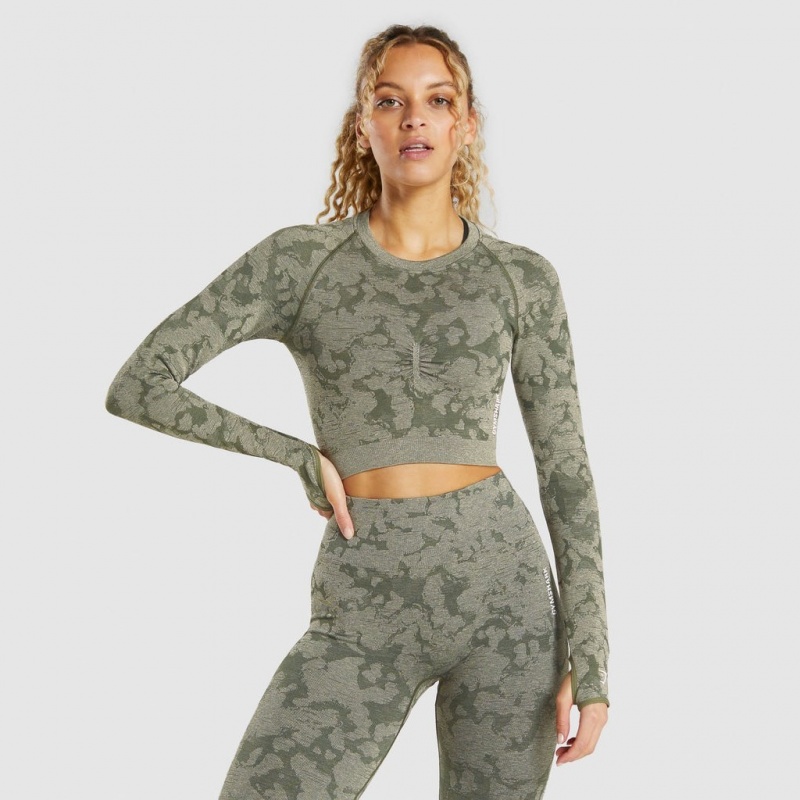 μπλουζακια Gymshark Adapt Camo Seamless Long Sleeve Crop πρασινο | 825IKSRTM