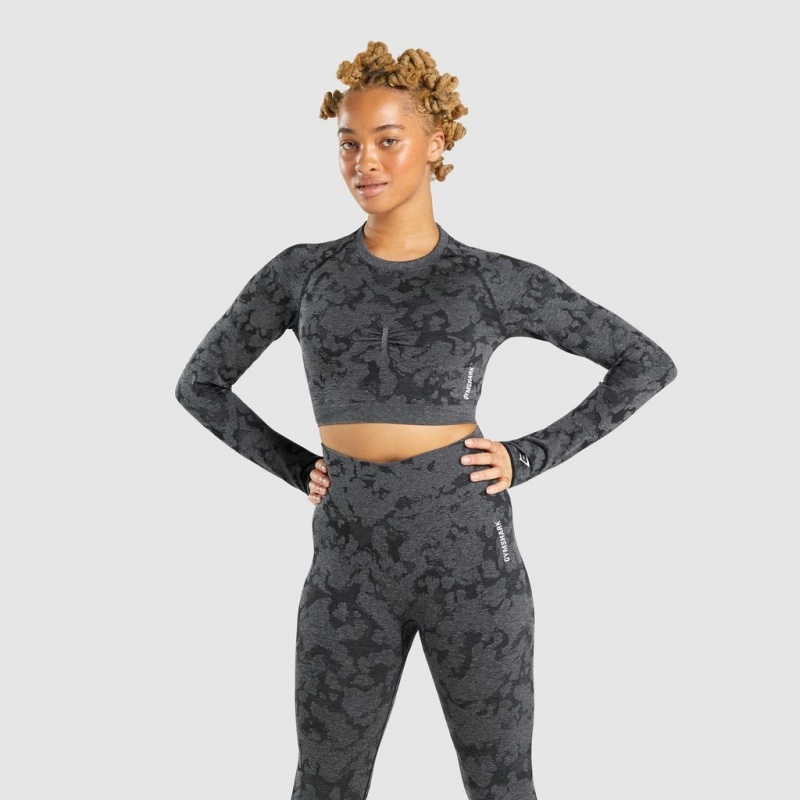 μπλουζακια Gymshark Adapt Camo Seamless Long Sleeve Crop μαυρα | 436QVNLCU
