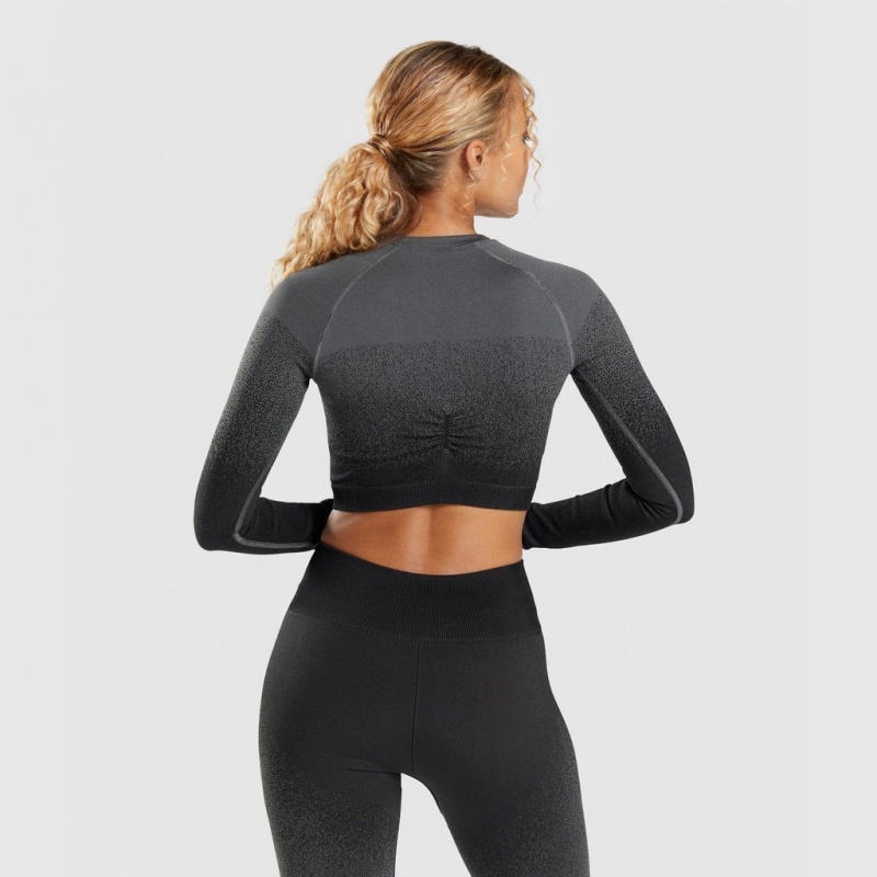 μπλουζακια Gymshark Adapt Ombre Seamless Long Sleeve Crop μαυρα γκρι | 698VKRPAS