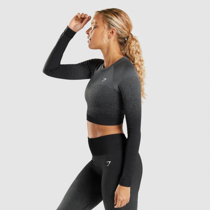 μπλουζακια Gymshark Adapt Ombre Seamless Long Sleeve Crop μαυρα γκρι | 698VKRPAS