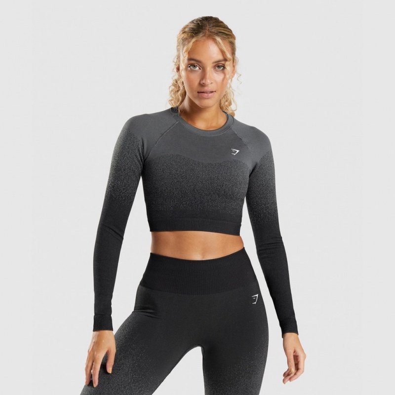 μπλουζακια Gymshark Adapt Ombre Seamless Long Sleeve Crop μαυρα γκρι | 698VKRPAS