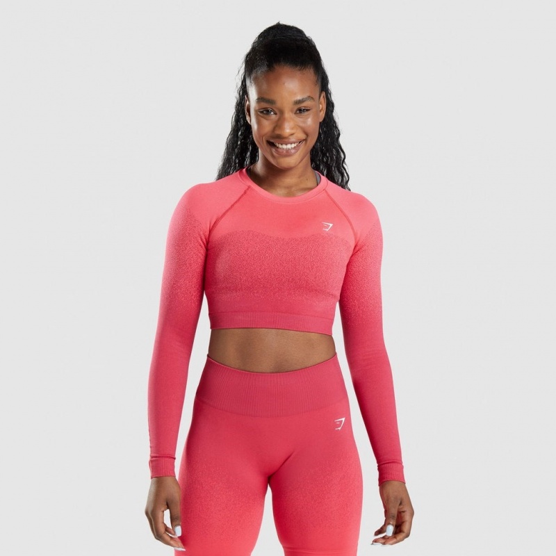 μπλουζακια Gymshark Adapt Ombre Seamless Long Sleeve Crop ροζ κοκκινα | 321OQTZRF