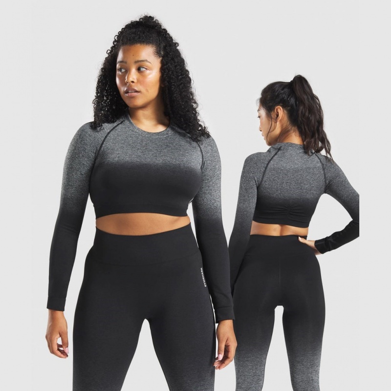 μπλουζακια Gymshark Adapt Ombre Seamless Long Sleeve Crop μαυρα μαυρα | 759IBDMHQ