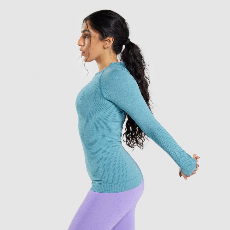 μπλουζακια Gymshark Vital Seamless 2.0 Long Sleeve Tahoe Teal Marl | 506OYISBD