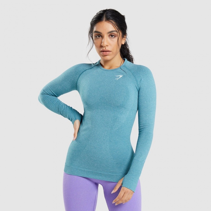 μπλουζακια Gymshark Vital Seamless 2.0 Long Sleeve Tahoe Teal Marl | 506OYISBD