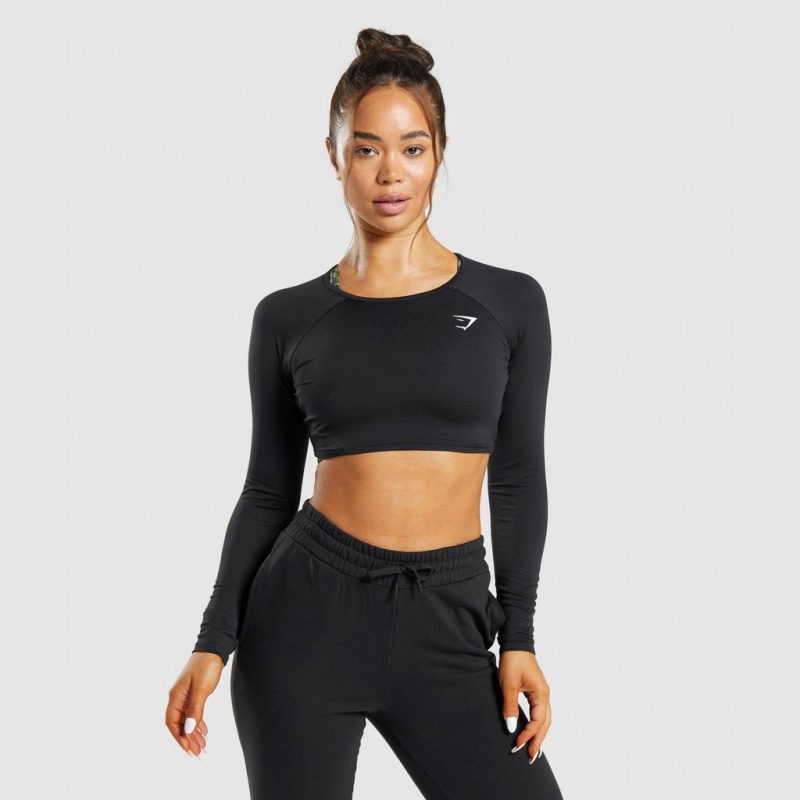 μπλουζακια Gymshark Αθλητικά Long Sleeve Crop μαυρα | 392QYOWMU