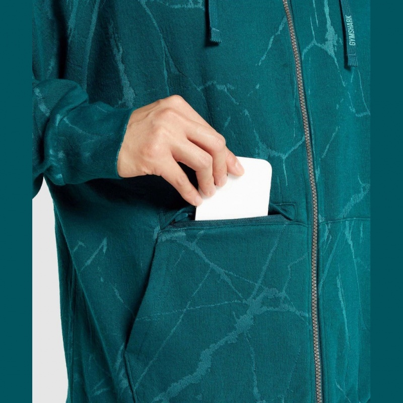 Φουτερ με Κουκουλα Gymshark Power Zip Up Teal Print | 062OKSXAQ